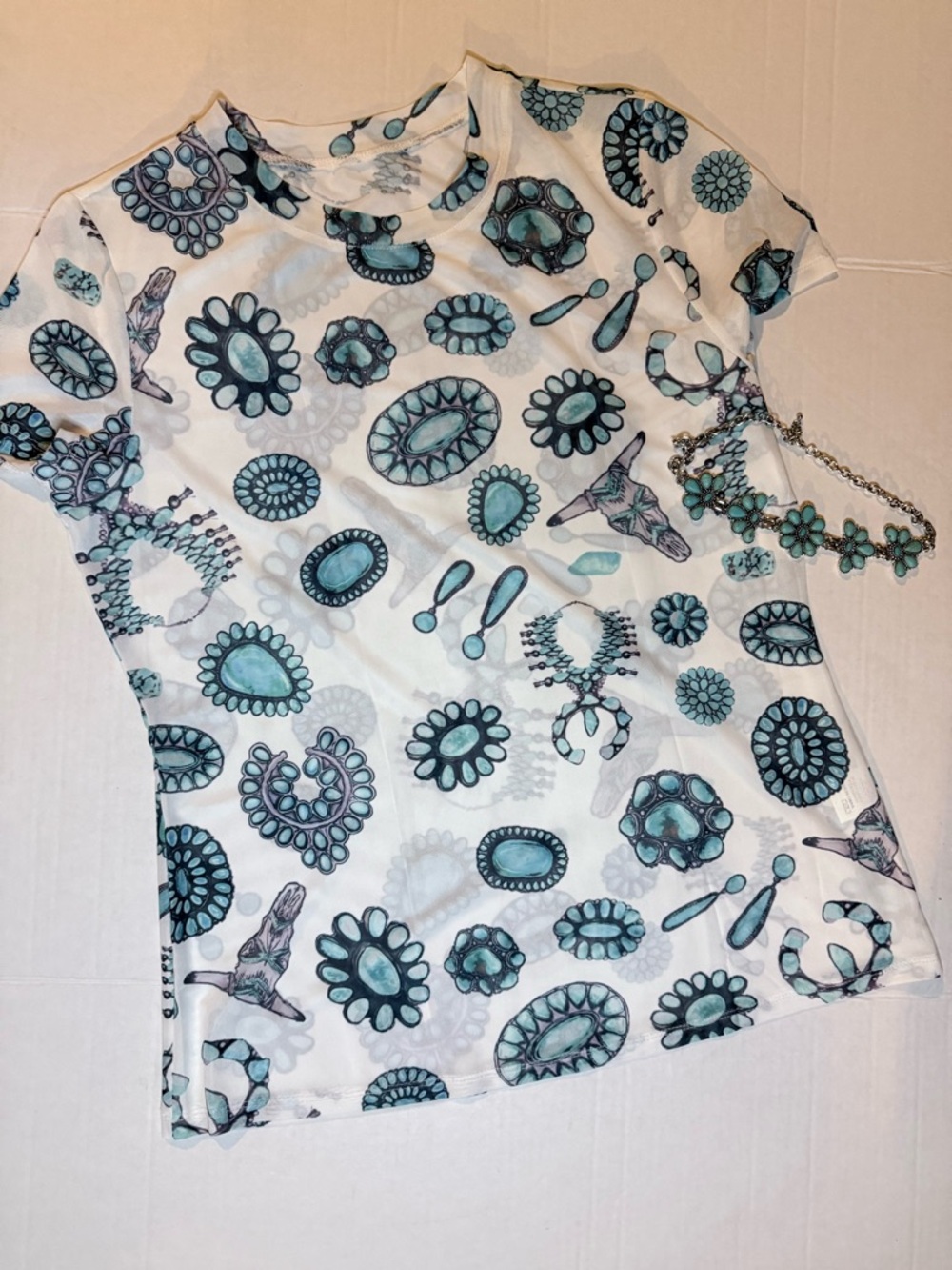Source Unknown White Short-Sleeve mesh Tee with Teal Gemstone western Print - Picture 2 of 3